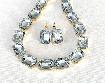 Dusty Blue LARGE 18x13mm octagon Dusty Blue crystal necklaces, 18x13mm dusty blue earrings, Anna Wintour collet statement, something blue