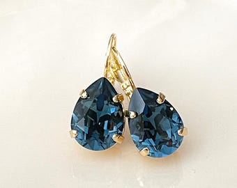 Swarovski navy blue crystal teardrop earrings, rhinestone drop earrings, something blue bridal earrings, dark blue earrings, montana blue