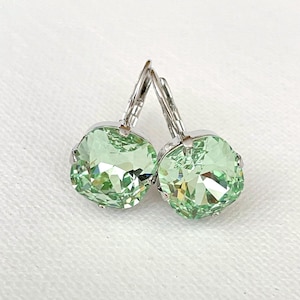 Swarovski pale mint green 10mm or 12mm cushion cut crystal earrings, light green, silver, dangle, drop, bridal jewelry, bridesmaid gift