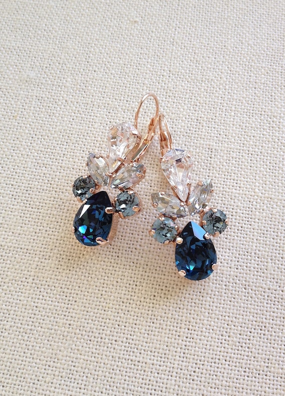 Swarovski crystal earrings long earrings navy blue steel | Etsy