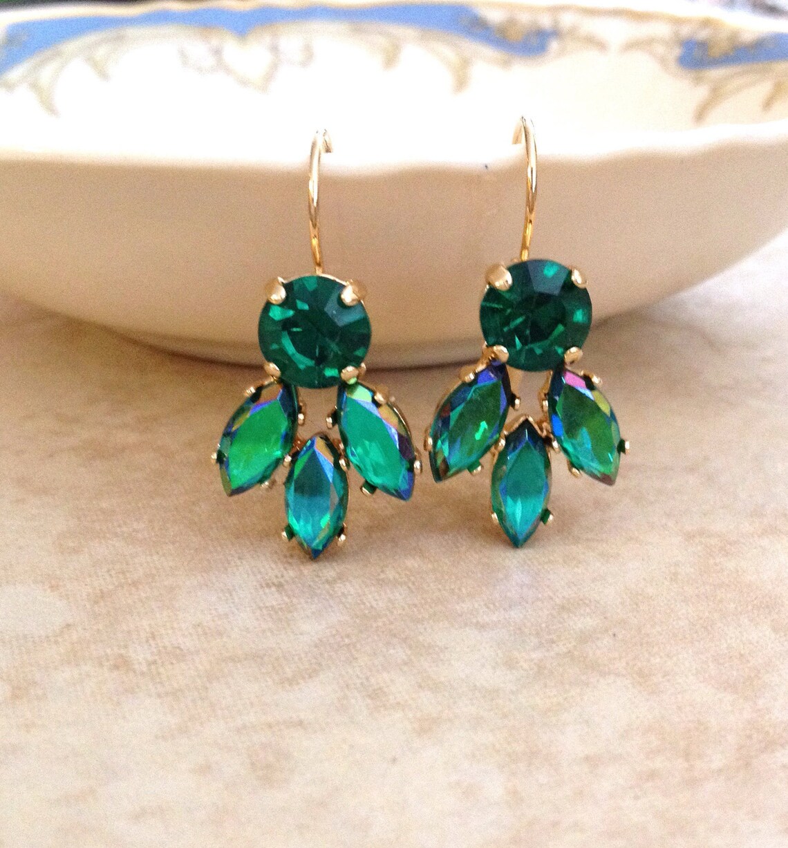Emerald green leaf earrings gold crystal leaf leaves Etsy