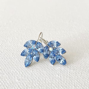 May include: A pair of light blue crystal earrings. Each earring features a cluster of marquise-cut crystals arranged in a leaf-like design. The crystals have a faceted surface, reflecting light. The earrings have a silver-tone metal hook.