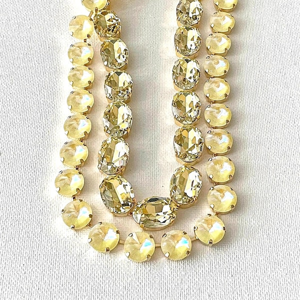 LARGE Jonquil yellow oval crystal necklace, 12mm yellow opal round, 18x13mm oval crystals, Anna Wintour, collet, Layering Stacking