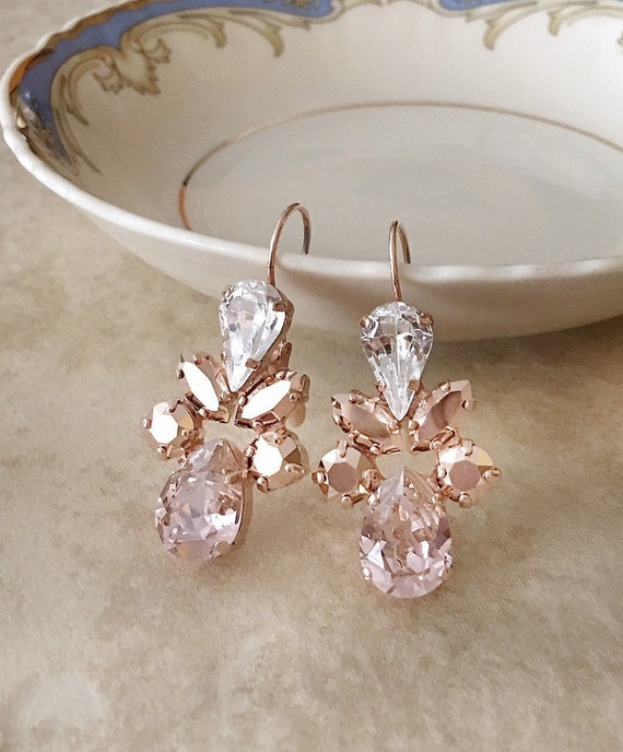 Morganite Pink Long Crystal Earrings Dusty Rose Rose Gold