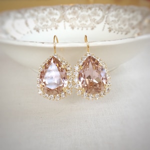Morganite pink earrings, blush pink, halo, rhinestone drops, tear drop, pear, vintage wedding, ballet pink, pale pink, morganite