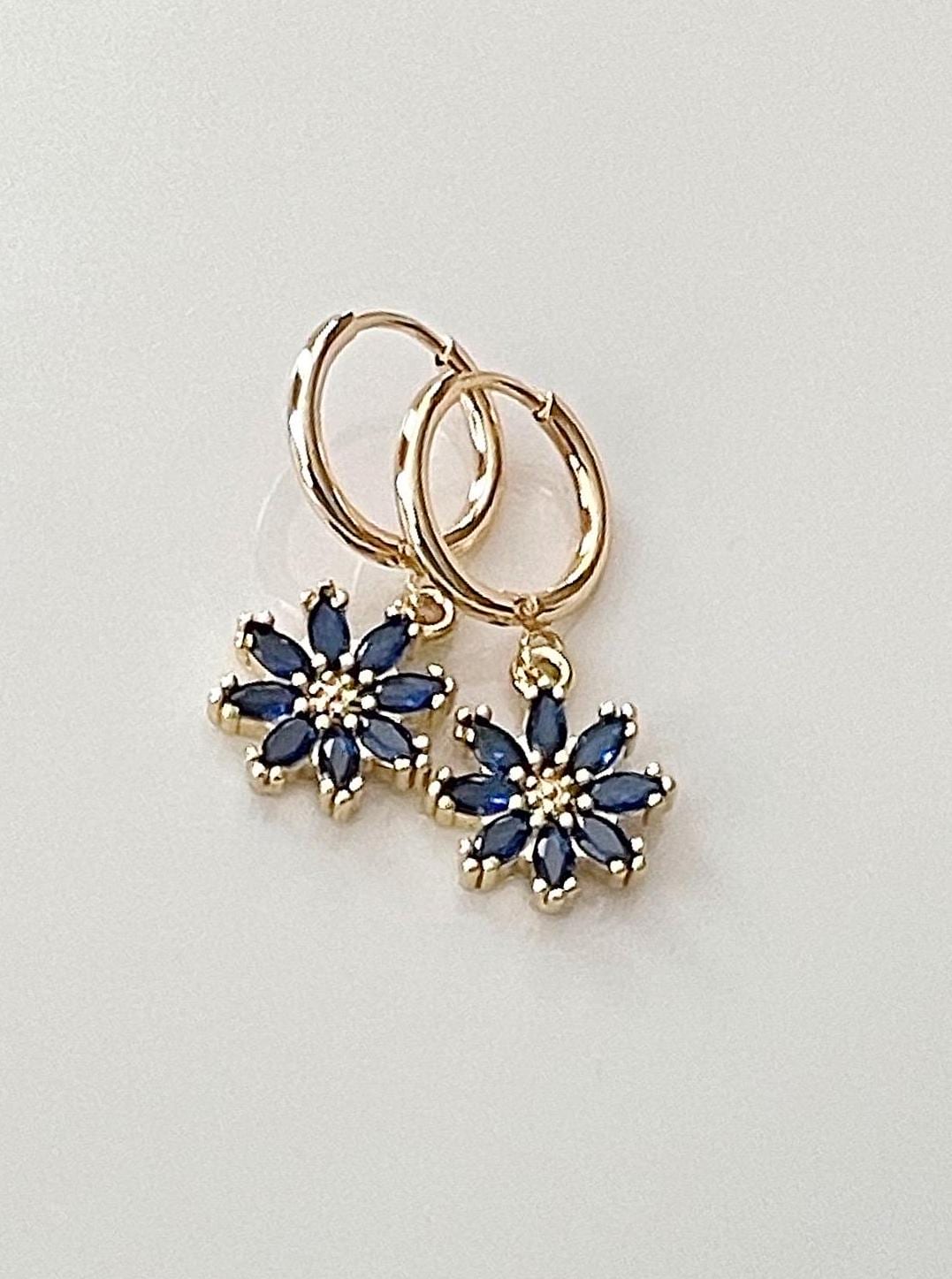 Navy blue earrings, flower hoops, huggie hoops, bridesmaid gift, crystal flower earrings, rhinestone, drop, blue flower drop earrings