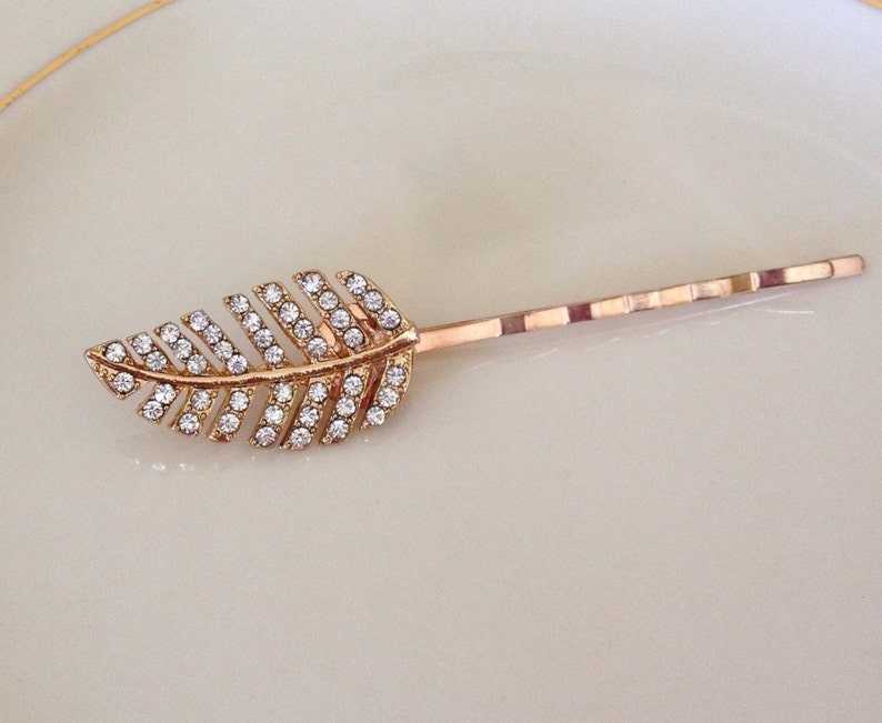 leaf Rose gold pav\u00e9 crystal leaf bobby pin rhinestone leaf bobby pins woodland bridesmaid gift bobby pin bridal hair pin leaves