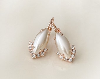 Cream pearl drop earrings, halo, marquise, pearl and rhinestone earrings, rose gold, bridal earrings, pearl earrings, bridesmaid gift