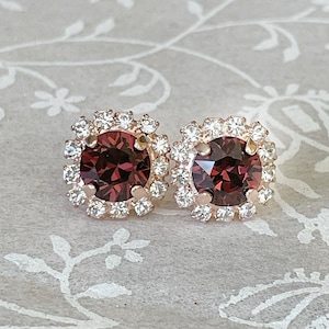 Burgundy earrings, halo, studs, Swarovski crystal, post, simple, minimalist, rhinestone earrings, bridesmaid gift, crystal stud earrings