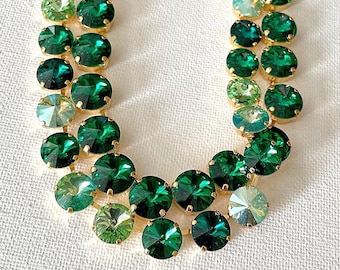 Swarovski, 10mm round shades of Emerald and Peridot Green, 12mm round Majestic Green, Anna Wintour layering necklace, stacking, green