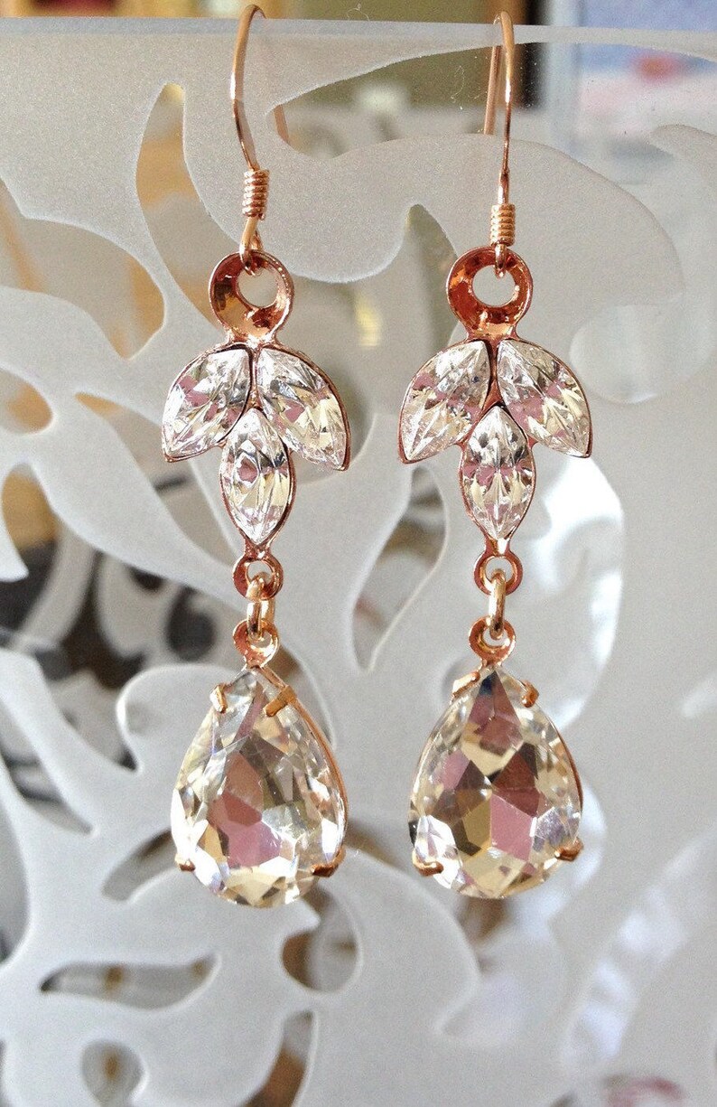 Blush Earrings Pink Opal Long Crystal Earrings Crystal Leaf Etsy
