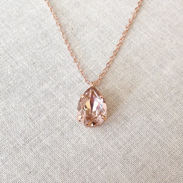 Morganite pink crystal necklace, Swarovski crystal, Blush necklace, pear, teardrop, bridal necklace, pendant, delicate, simple, light pink