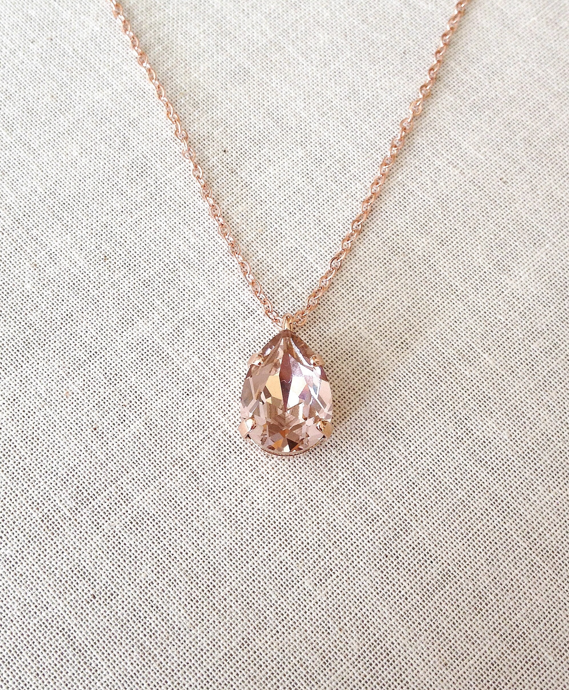Morganite Pink Crystal Necklace Swarovski Crystal Blush Necklace Pear Teardrop Bridal Necklace Pendant Delicate Simple Light Pink