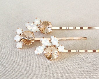 Pale champagne White opal crystal hair pins, Swarovski crystal, bridal hair accessories, white, neutral, bobby pins, bridesmaid gift