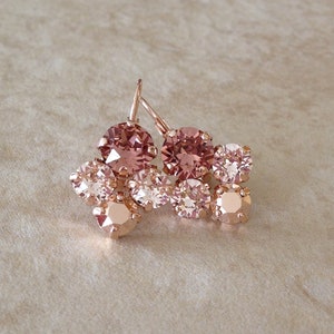 Rose gold, dusty rose, pink, crystal drop earrings, crystal cluster earrings, rose gold wedding, bridesmaid gift, pierced