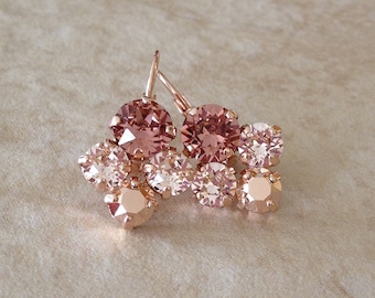 Rose gold, dusty rose, pink, crystal drop earrings, crystal cluster earrings, rose gold wedding, bridesmaid gift, pierced