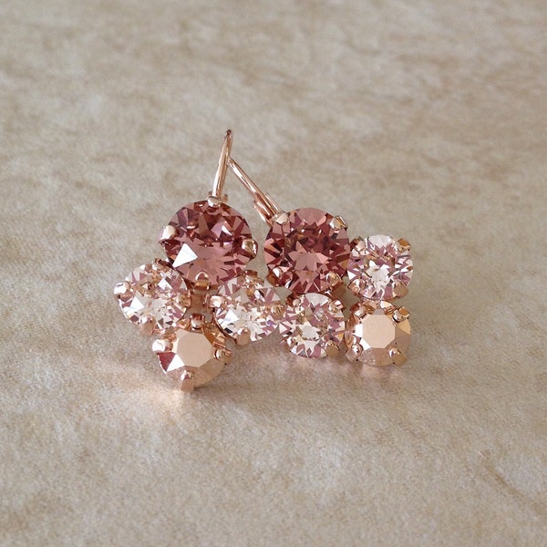 Rose gold, dusty rose, pink, crystal drop earrings, crystal cluster earrings, rose gold wedding, bridesmaid gift, pierced