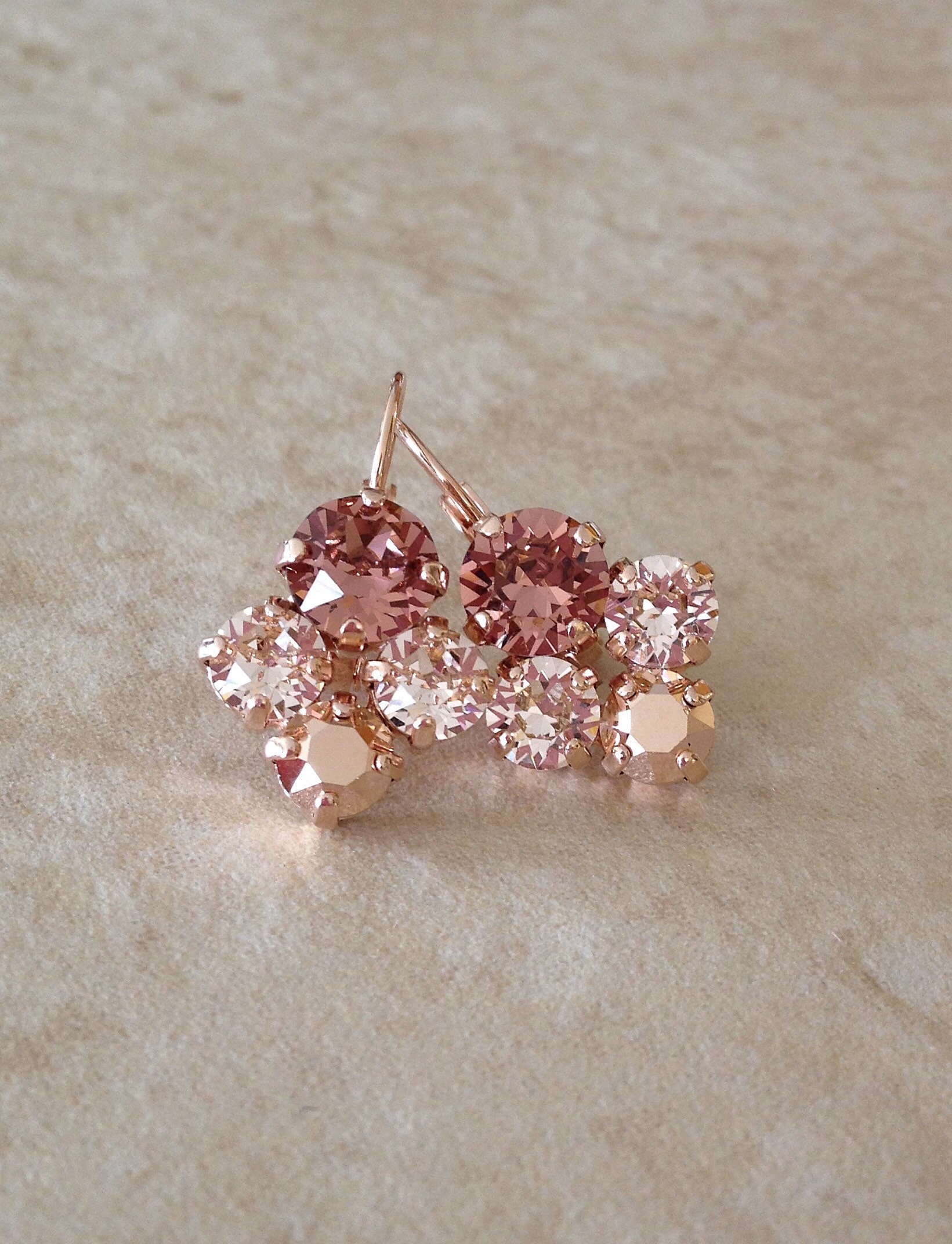 Rose Gold, Dusty Rose, Pink, Crystal Drop Earrings, Crystal Cluster Earrings, Rose Gold Wedding, Bridesmaid Gift, Pierced