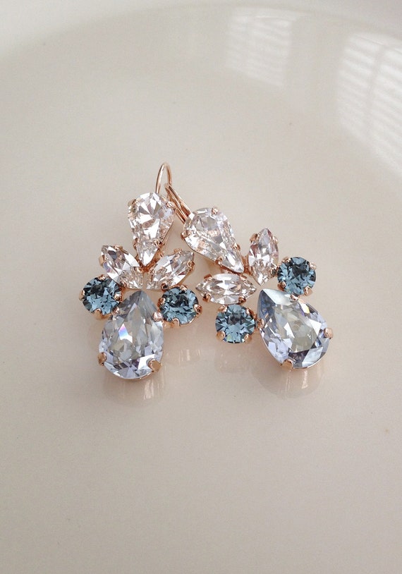 Something Blue Crystal Earrings Long Earrings Dusty Blue Steel
