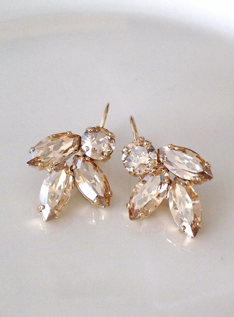 Champagne Crystal Leaf Earrings Gold Champagne Rhinestone Etsy