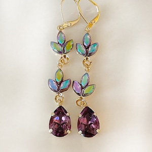Eggplant purple crystal earrings, crystal leaf earrings, chandelier, pear, wedding jewelry, long earrings, plum, bridesmaid gift