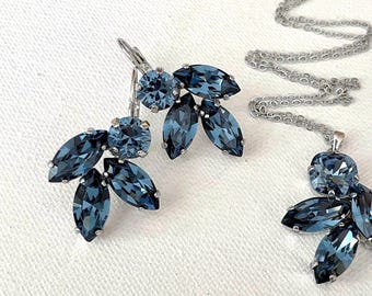 Set: Swarovski Denim Blue necklace and earrings set, ombré, bridal something blue, crystal marquise cluster jewelry set, bridesmaid gift