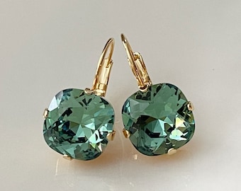 12mm Erinite Green cushion cut crystal earrings, orange bridal earrings, lever back, rhinestone drops, Swarovski Erinite