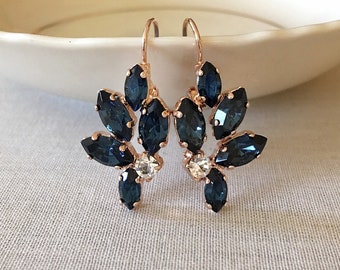 Navy blue earrings, crystal earrings, marquise crystal leaf earrings, rhinestone leaf earrings, bridal earrings, bridesmaid gift, blue