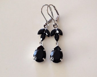 Black crystal earrings, rhinestone leaf earrings, chandelier, pear, wedding jewelry, long earrings, jet, black, bridesmaid gift