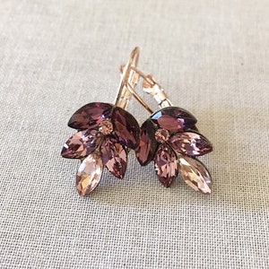 Burgundy mauve blush crystal leaf earrings, bridal earrings, bridesmaid gift, Fall Autumn wedding, burgundy, morganite, blush earring, mauve