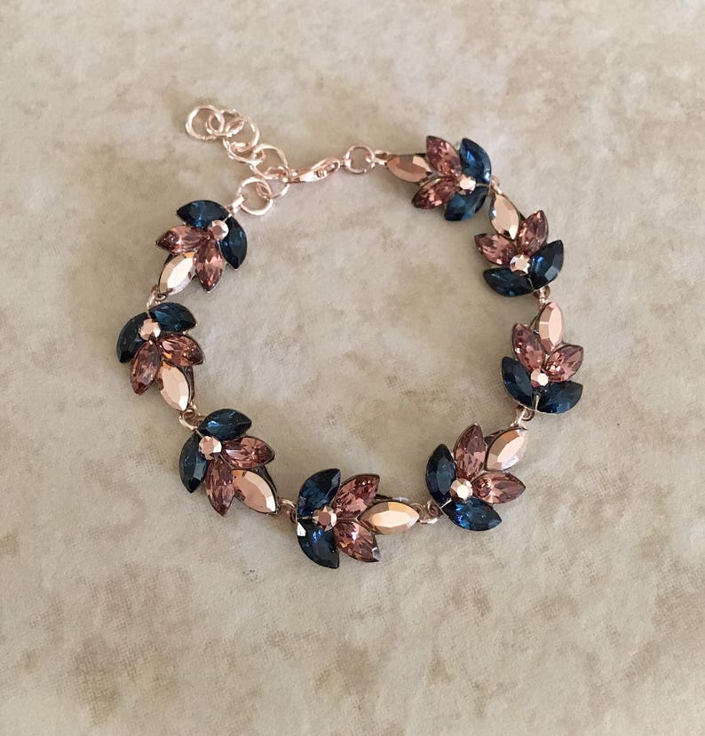 Navy Blue Rose Gold Crystal Bracelet Wedding Bracelet Etsy