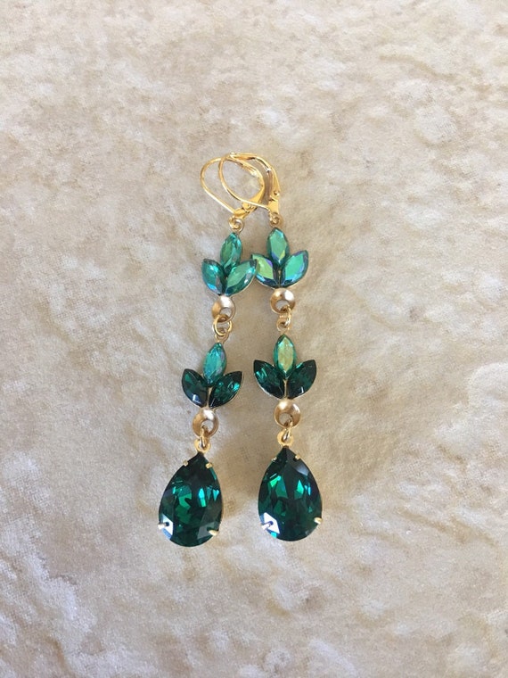 Emerald green Swarovski crystal earrings crystal leaf | Etsy