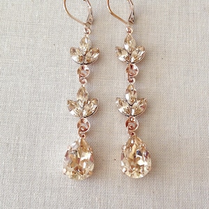 Pale champagne Rose Gold crystal earrings, crystal leaf earrings, chandelier, pear, long earrings, bridesmaid gift