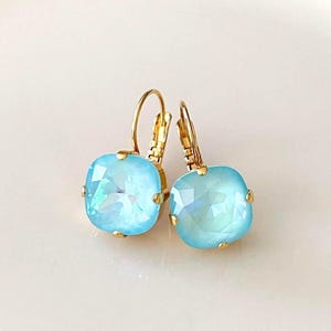 12mm Swarovski Ultra Turquoise cushion cut crystal earrings, something blue, bridal earrings, lever back, rhinestone drops, bridesmaid gift