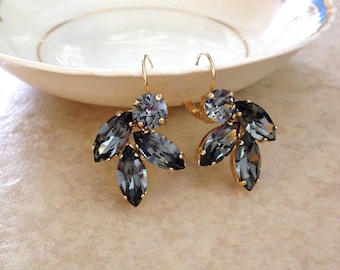 Gray crystal earrings, rhinestone leaf earrings, gold, bridal, rhinestone earrings, drop earrings, vintage wedding, black diamond