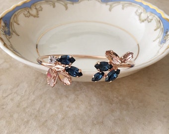 Navy blue and blush bridal bracelet, Wedding jewelry, wedding bracelet open bangle, bridesmaid gift, something blue