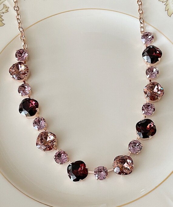 Burgundy Crystal Necklace in Mixed Shapes and Sizes Bridal Jewelry Bridesmaid Gift Old Hollywood Cushion Cut Rounded Square Round Etsy