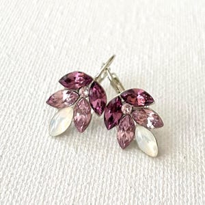 May include: A pair of silver-tone earrings featuring a cluster of purple, pink, and white crystal-like stones. The earrings have a floral design with a lever back closure. The stones are arranged in a fan-like pattern.