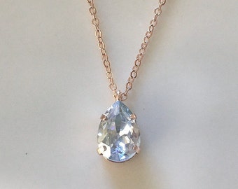 Dusty blue crystal necklace, rose gold, dusty blue, something blue, bridal necklace, blue, light blue, pendant, delicate, simple