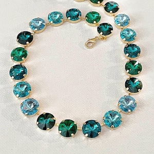 Swarovski Emerald Indicolite Teal Blue Ombré adjustable necklace, 12mm round rivoli cut crystal necklace, gold, bridesmaid gift, bridal