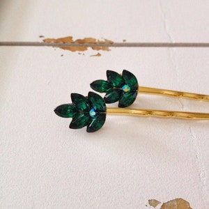 Emerald crystal leaf hair pins, hair accessory, rustic wedding, vintage wedding, bridesmaid gift, bobby pins, gold, silver, green