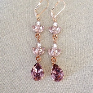 Mauve and ballet pink crystal earrings, Swarovski and Czech crystal leaf earrings, chandelier, pear, long earrings, bridesmaid gift, purple