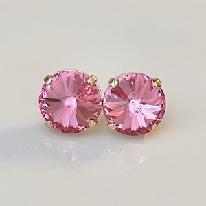 Swarovski 12mm Light Rose pink crystal earrings, Clip On OR Post rhinestone earrings, bridal earrings, simple bridesmaid jewelry, minimal