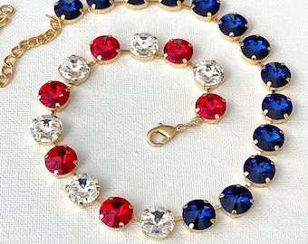 Swarovski Red, White and Blue 12mm crystal necklace, American 250, Patriotic, Anna Wintour style, collet, riviere, round layering necklace