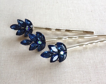 3 navy blue crystal leaf bobby pins, bridesmaid gift, leaf, leaves, woodland, dark blue, sapphire, hair jewelry, something blue