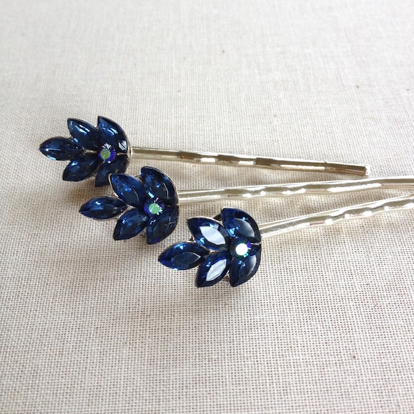 3 navy blue crystal leaf bobby pins, bridesmaid gift, leaf, leaves, woodland, dark blue, sapphire, hair jewelry, something blue