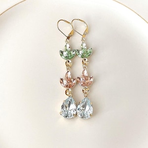 Mint, Peach blush, Pale icy aqua blue long crystal earrings, crystal leaf earrings, chandelier, pear, long ombré earrings, bridesmaid gift