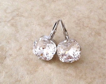 Sparkling clear 10mm cushion cut crystal drop earrings, rhinestone drops, bridal earrings, bridesmaid gift, square, cushion cut, silver