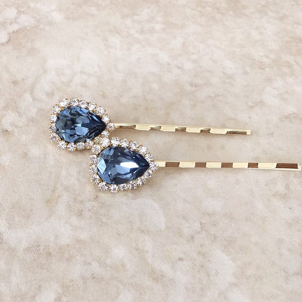 Denim blue pear halo crystal hair pins, set, pair, hair, accessory, crystal rhinestone, bridesmaid gift, something blue bridal hair pins