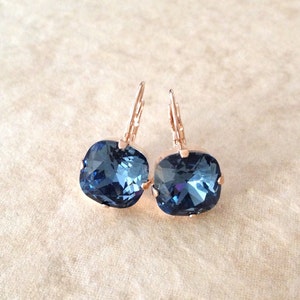 Denim blue navy rose gold cushion cut crystal earrings, leverback, lever back, rhinestone drops, something blue, navy, blue